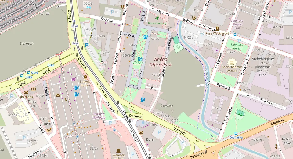 Mapa okolí: Vlněna Office Park mezi ulicemi Dornych, Vlněná a Zvonařka v Brně